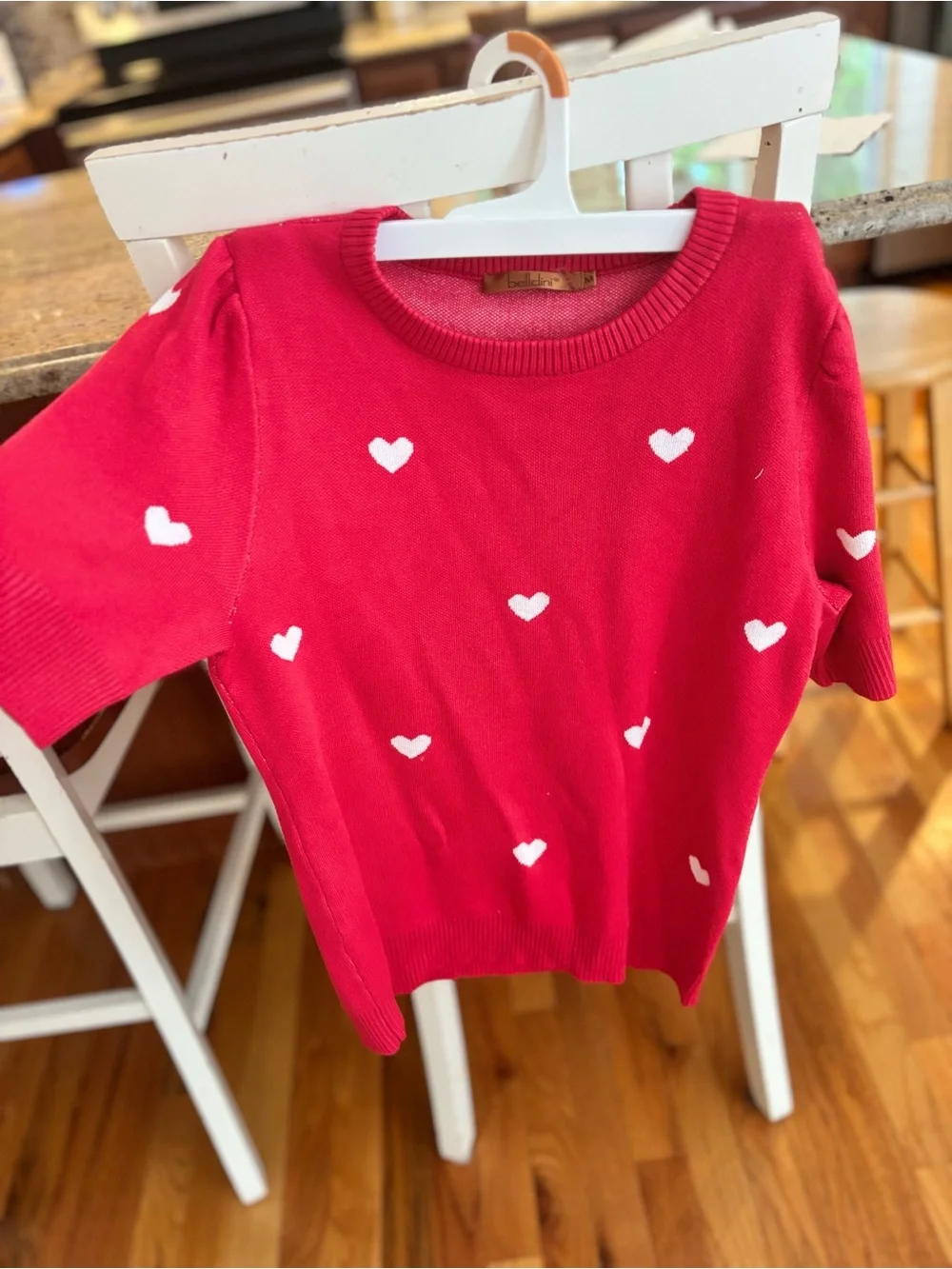 Belldini Red Short-Sleeve Crewneck Sweater with White Hearts